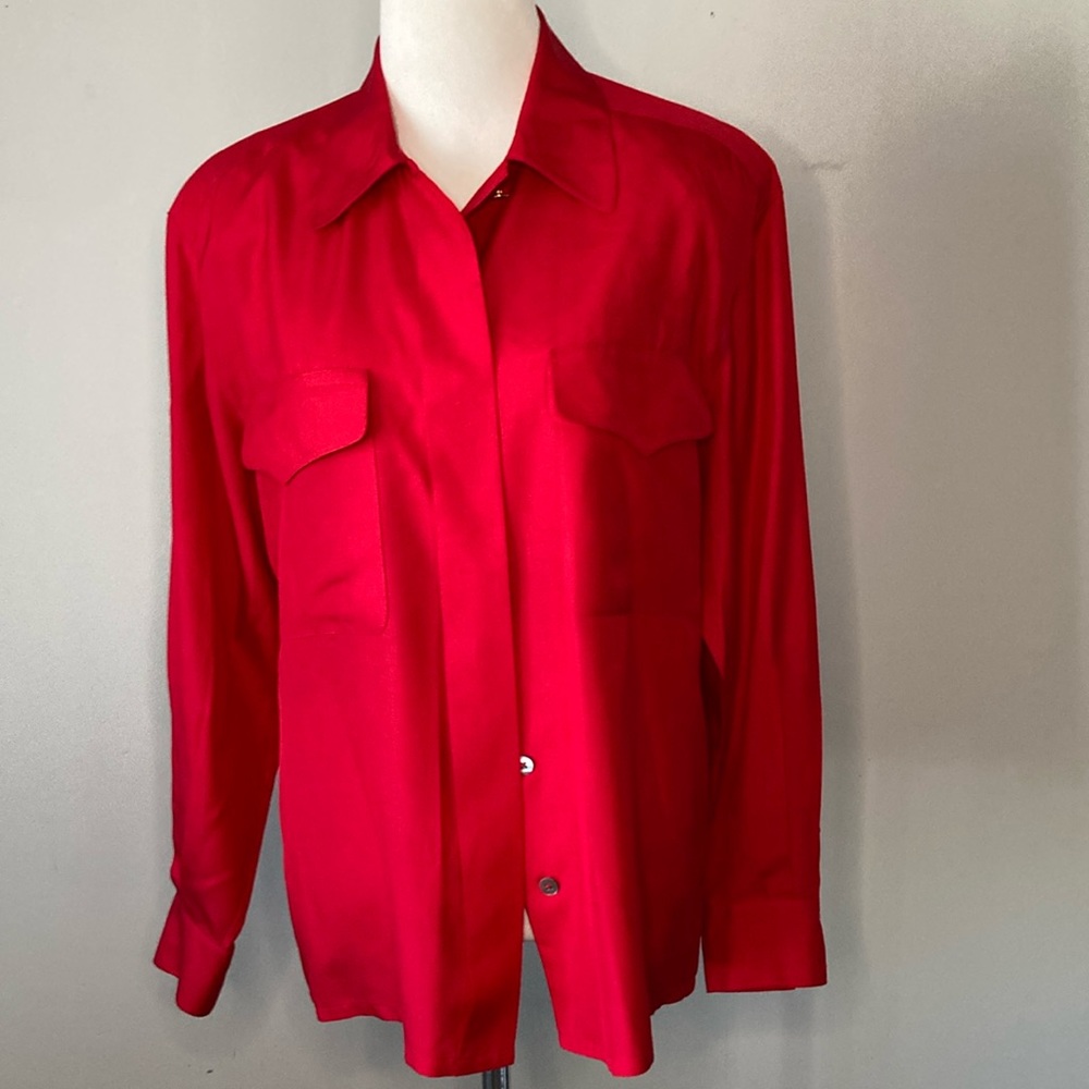 Dana Buchman 100% Silk Red Camp Safari Button Down Shirt Blouse Sz 8